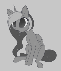 Size: 1617x1890 | Tagged: safe, artist:dusthiel, princess luna, alicorn, pony, drool, ethereal mane, female, grayscale, inktober, inktober 2019, mare, mind break, monochrome, sitting, solo, starry mane