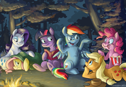 Size: 900x627 | Tagged: safe, artist:kenket, artist:spainfischer, derpibooru import, applejack, fluttershy, pinkie pie, rainbow dash, rarity, twilight sparkle, earth pony, pegasus, pony, unicorn, blanket, campfire, camping, cowering, mane six, popcorn, scared