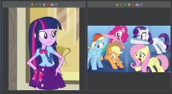 Size: 520x285 | Tagged: safe, derpibooru import, screencap, applejack, fluttershy, pinkie pie, rainbow dash, rarity, twilight sparkle, equestria girls, derpibooru, juxtaposition, mane six, meta