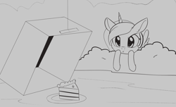 Size: 1997x1213 | Tagged: safe, artist:dusthiel, princess luna, alicorn, pony, bush, cake, cardboard box, female, food, grayscale, hiding, inktober, inktober 2019, mare, monochrome, plate, smiling, solo, trap (device)