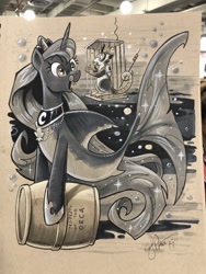 Size: 768x1024 | Tagged: safe, artist:andypriceart, idw, princess luna, tiberius, seapony (g4), spoiler:comic, bubble, cage, jaws, jewelry, limited palette, necklace, pale belly, regalia, seaponified, seashell necklace, sharp teeth, smiling, species swap, teeth, traditional art, underwater, water