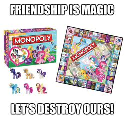 Size: 985x960 | Tagged: safe, derpibooru import, applejack, fluttershy, pinkie pie, princess celestia, rainbow dash, rarity, twilight sparkle, alicorn, earth pony, pegasus, pony, unicorn, friendship is magic, board game, hatless, image macro, irony, mane six, meme, merchandise, missing accessory, monopoly, my little pony logo, stock vector, title drop