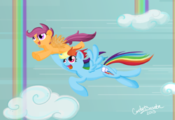 Size: 2500x1719 | Tagged: safe, artist:dordtchild, rainbow dash, scootaloo, pegasus, pony, sleepless in ponyville, cloud, cloudy, flying, happy, rainbow waterfall, scene interpretation, scootalove