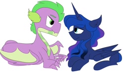 Size: 1024x682 | Tagged: safe, artist:tristannoor10, princess luna, spike, alicorn, dragon, pony, female, looking at each other, male, mare, shipping, spiluna, straight, winged spike