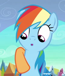 Size: 876x1017 | Tagged: safe, derpibooru import, screencap, applejack, rainbow dash, earth pony, pegasus, pony, blue coat, female, mare, multicolored mane, open mouth, solo