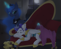 Size: 2500x2000 | Tagged: safe, artist:sinner_png, princess luna, oc, alicorn, pegasus, pony, crown, cute, glowing horn, helmet, hoof shoes, horn, jewelry, magic, peytral, regalia, royal guard, sleeping, sofa, telekinesis, ych result