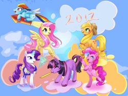 Size: 2000x1500 | Tagged: safe, artist:hylianguardians, derpibooru import, applejack, fluttershy, pinkie pie, rainbow dash, rarity, twilight sparkle, earth pony, pegasus, pony, unicorn, 2012, cloud, cloudy, eyes closed, magic, mane six, rocket, unshorn fetlocks