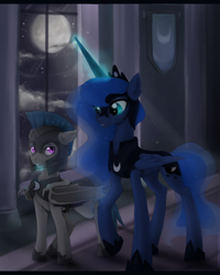 Size: 1400x1750 | Tagged: safe, artist:sinner_png, princess luna, oc, alicorn, bat pony, pony, crown, glowing horn, helmet, hoof shoes, horn, jewelry, magic, peytral, regalia, royal guard, telekinesis, ych result