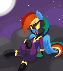 Size: 1084x1231 | Tagged: safe, artist:twitchykismet, rainbow dash, pegasus, pony, clothes, cloud, cloudy, costume, shadowbolt dash, shadowbolts costume, solo