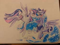 Size: 4032x3024 | Tagged: safe, artist:prunus, princess luna, twilight sparkle, twilight sparkle (alicorn), alicorn, pony, eye contact, female, flying, lesbian, looking at each other, mare, shipping, smiling, traditional art, twiluna