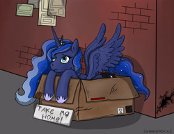 Size: 4800x3714 | Tagged: safe, artist:summonerx2, princess luna, alicorn, pony, adoption, box, bronybait, cute, female, homeless, lunabetes, mare, pony in a box, sad, solo, ych result