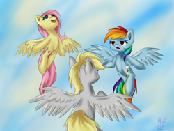 Size: 1800x1350 | Tagged: safe, artist:krololo, derpy hooves, fluttershy, rainbow dash, pegasus, pony, back, female, flying, mare, sky