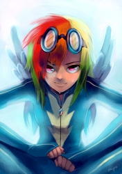 Size: 700x994 | Tagged: safe, artist:amy30535, rainbow dash, human, backlighting, clothes, fingerless gloves, gloves, goggles, humanized, light skin, solo, sweat, winged humanization, wings, wonderbolts uniform