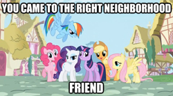 Size: 624x344 | Tagged: safe, derpibooru import, applejack, fluttershy, pinkie pie, rainbow dash, rarity, twilight sparkle, earth pony, pegasus, pony, unicorn, image macro, mane six, wrong neighborhood