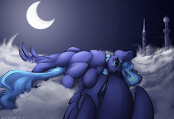 Size: 4000x2750 | Tagged: safe, artist:hitbass, artist:skitsroom, princess luna, alicorn, pony, collaboration, chest fluff, cloud, cloudscape, crescent moon, female, foreshortening, high res, looking at you, lying on a cloud, mare, moon, night, on back, outdoors, s1 luna, see-through moon, smiling, solo, spread wings, tower, wings