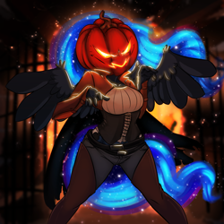 Size: 1000x1000 | Tagged: safe, artist:xxmarkingxx, princess luna, alicorn, anthro, clothes, costume, female, halloween, halloween costume, headless, headless horsemare, pose, pumpkin, solo, winged humanization, wings