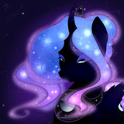 Size: 1200x1200 | Tagged: safe, artist:asilingrose, princess luna, alicorn, pony, alternate hairstyle, constellation, curved horn, cutie mark, ethereal mane, eyebrows visible through hair, eyeshadow, female, glowing mane, horn, jewelry, lidded eyes, looking at you, makeup, mare, nightmare luna, regalia, smiling, solo, starry mane, stars