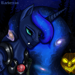 Size: 2500x2500 | Tagged: safe, artist:raeverran, princess luna, alicorn, pony, armor, halloween, holiday, horn, nightmare night, pumpkin, slit eyes, snake eyes, solo, space mane, teeth