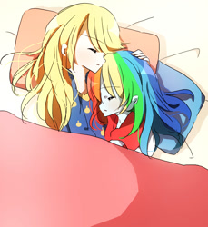 Size: 854x931 | Tagged: safe, artist:lotte, derpibooru import, applejack, rainbow dash, equestria girls, appledash, cuddling, cute, dashabetes, embrace, female, hug, humanized, jackabetes, lesbian, pixiv, shipping, sleeping, snuggling