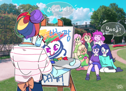 Size: 1231x887 | Tagged: safe, artist:dusty-munji, applejack, fluttershy, pinkie pie, rainbow dash, rarity, sunset shimmer, twilight sparkle, equestria girls, clothes, cloud, flower, garden, grass, humane five, humane seven, humane six, mane six, masterpiece, paint, painting, sky, smiling, tree