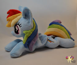 Size: 1280x1089 | Tagged: safe, artist:ketika, derpibooru import, rainbow dash, irl, lying down, photo, plushie, simple background, solo, traditional art