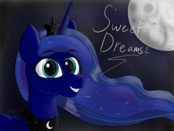 Size: 1200x900 | Tagged: safe, artist:kalashnikitty, princess luna, alicorn, pony, cute, female, mare, moon, night, solo, text