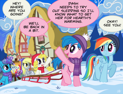 Size: 948x721 | Tagged: safe, artist:sorcerushorserus, derpy hooves, firefly, rainbow dash, surprise, oc, pegasus, pony, unicorn, g1, clothes, dialogue, g1 to g4, generation leap, glowing horn, hat, magic, paintbrush, scarf, sled, snow, speech bubble, telekinesis, waving, winter