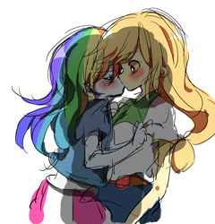 Size: 1154x1200 | Tagged: safe, artist:lotte, derpibooru import, applejack, rainbow dash, equestria girls, appledash, blushing, cute, dashabetes, female, happy, humanized, jackabetes, kissing, lesbian, pixiv, shipping