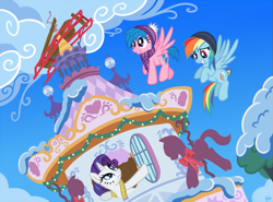 Size: 973x720 | Tagged: safe, artist:sorcerushorserus, firefly, rainbow dash, rarity, pegasus, pony, unicorn, g1, carousel boutique, clothes, crash, flying, hat, measuring tape, scarf, sled, snow, winter