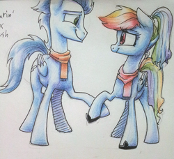 Size: 611x557 | Tagged: safe, artist:erudier, rainbow dash, soarin', pegasus, pony, female, male, shipping, soarindash, straight, traditional art