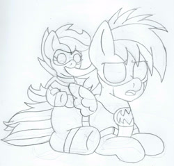 Size: 1897x1817 | Tagged: safe, artist:blackbewhite2k7, rainbow dash, scootaloo, pegasus, pony, baby, batman, batman and robin, dc comics, monochrome, nom, robin, sketch, wip, younger