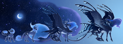 Size: 4000x1460 | Tagged: safe, artist:turnipberry, princess luna, alicorn, bat pony, classical unicorn, unicorn, age, age progression, alternate universe, blue background, cheek feathers, cloven hooves, colored hooves, curved horn, cutie mark, dewclaw, ethereal mane, female, filly, foal, headcanon, horn, large wings, leonine tail, mare, night, older, pale belly, past, race swap, simple background, solo, spread wings, starry backdrop, stars, teenager, unicorn luna, unshorn fetlocks, winged hooves, wings, woona, younger