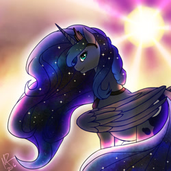 Size: 400x400 | Tagged: safe, artist:moni8324, princess luna, alicorn, pony, crepuscular rays, cute, cutie mark, ethereal mane, female, glowing mane, jewelry, lidded eyes, looking at you, looking sideways, lunabetes, mare, regalia, smiling, solo, starry mane, sun, sunset