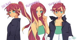 Size: 1212x637 | Tagged: safe, artist:dusty-munji, sunset shimmer, human, equestria girls, alternate hairstyle, clothes, jacket, long hair, pixie cut, ponytail, short hair, simple background, solo, white background