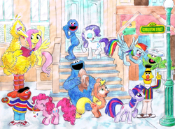 Size: 771x569 | Tagged: safe, artist:hirake! pony key, derpibooru import, applejack, fluttershy, pinkie pie, rainbow dash, rarity, twilight sparkle, earth pony, pegasus, pony, unicorn, applejack's hat, argument, bert, big bird, book, cobblestone street, cookie monster, crossover, ernie, grover, hat, jelly beans, jellybeans, lamppost, my little pony meets sesame street, oscar the grouch, reading, sesame street, sharing, street sign