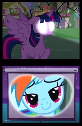 Size: 1029x1581 | Tagged: safe, rainbow dash, twilight sparkle, twilight sparkle (alicorn), alicorn, pegasus, pony, bedroom eyes, exploitable meme, female, glowing eyes, mare, projector, screen, shipping, twidash, twilight projector