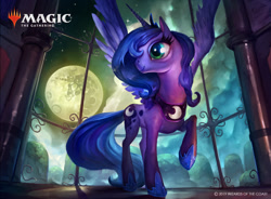 Size: 1400x1028 | Tagged: safe, artist:john thacker, artist:johnofthenorth, nightmare moon, princess luna, alicorn, pony, friendship is magic, female, full moon, hoof shoes, magic the gathering, mare, mare in the moon, moon, official, one hoof raised, ponies the galloping, raised hoof, s1 luna, solo