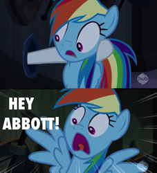 Size: 957x1053 | Tagged: safe, rainbow dash, rarity, pegasus, pony, unicorn, castle mane-ia, abbott and costello, hooves, hub logo, hubble, image macro, scared, text, yelling