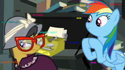 Size: 1920x1080 | Tagged: safe, a.k. yearling, daring do, rainbow dash, pegasus, pony, daring don't, comic sans, doge, glasses, hat, meme, text