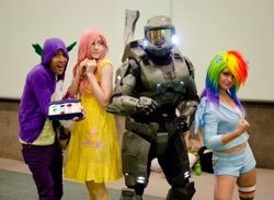 Size: 3959x2899 | Tagged: artist needed, safe, artist:ladymella, fluttershy, rainbow dash, spike, human, anime expo, anime expo 2012, arby n the chief, cosplay, crossover, gem, halo (series), irl, irl human, master chief, photo