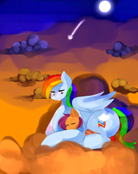 Size: 1900x2400 | Tagged: safe, artist:hexblaster, derpibooru import, rainbow dash, scootaloo, pegasus, pony, cloud, cuddling, scootalove, sky, sleeping, snuggling, speedpaint