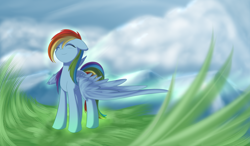 Size: 1024x600 | Tagged: safe, artist:dusthiel, rainbow dash, pegasus, pony, eyes closed, female, grass, smiling, solo, spread wings, wings