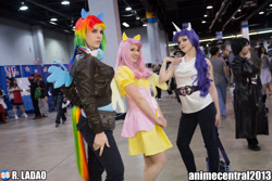Size: 2048x1365 | Tagged: artist needed, safe, fluttershy, rainbow dash, rarity, human, anime central, anime central 2013, clothes, convention, cosplay, headphones, irl, irl human, jacket, photo