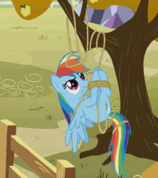 Size: 638x718 | Tagged: safe, screencap, rainbow dash, pegasus, pony, fall weather friends, animated, bondage, cropped, fence, hogtied, loop, rainbond dash, rope, solo, struggling, suspended, tied up, tree