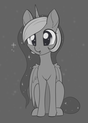 Size: 1188x1650 | Tagged: safe, artist:dusthiel, princess luna, alicorn, pony, black background, cheek fluff, chest fluff, cute, ear fluff, female, grayscale, inktober, inktober 2019, leg fluff, lunabetes, mare, monochrome, open mouth, simple background, snow, solo, wing fluff, winter