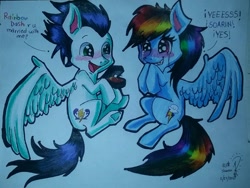 Size: 1024x769 | Tagged: safe, artist:darindashiedo, derpibooru import, rainbow dash, soarin', pegasus, pony, engrish, female, male, marriage proposal, shipping, soarindash, straight, traditional art