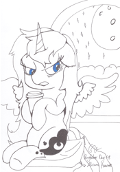 Size: 2075x2957 | Tagged: safe, artist:grey vicar, princess luna, alicorn, pony, angry, coffee, ink, inktober, inktober 2019, ponytober, sleep deprivation, sleepy