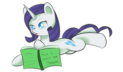 Size: 1024x603 | Tagged: safe, artist:dusthiel, rarity, pony, unicorn, book, how to train your dragon, prone, solo, tongue out