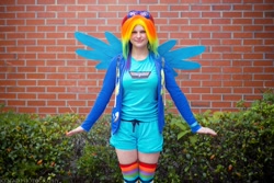 Size: 900x600 | Tagged: artist needed, safe, rainbow dash, human, cosplay, goggles, irl, irl human, photo, solo, swampcon, swampcon 2013
