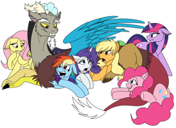 Size: 900x660 | Tagged: safe, artist:100yearslater, derpibooru import, applejack, discord, fluttershy, pinkie pie, rainbow dash, rarity, twilight sparkle, earth pony, pegasus, pony, unicorn, keep calm and flutter on